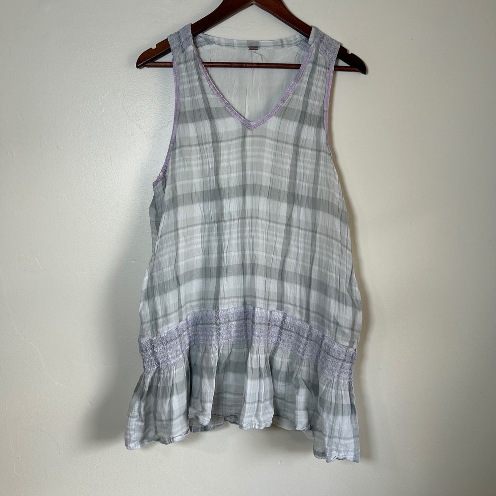 Free People Tunic Top Women Small GreyPlaid Smocked Drop Waist Ruffle Sleeveless